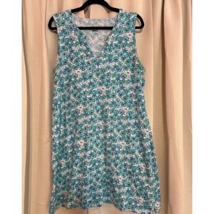 Lands End Dress Large 14-16 Blue Teal Floral Cotton Jersey V-Neck Shift Dress